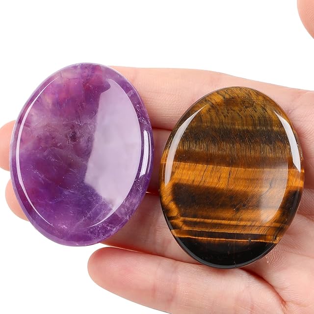 XIANNVXI 2Pcs Crystal Stones Healing Crystals Thumb Worry Stones Amethyst Tiger Eye Gemstones Natural Polished Oval Palm Pocket Stone for Anxiety Stress Relief Meditation