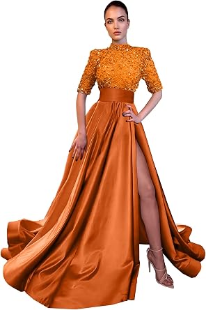 Yuxin Sparkly Sequin Prom Dresses Long Ball Gown High Neck Half Sleeve Satin Formal Evening Gowns with Slit 828