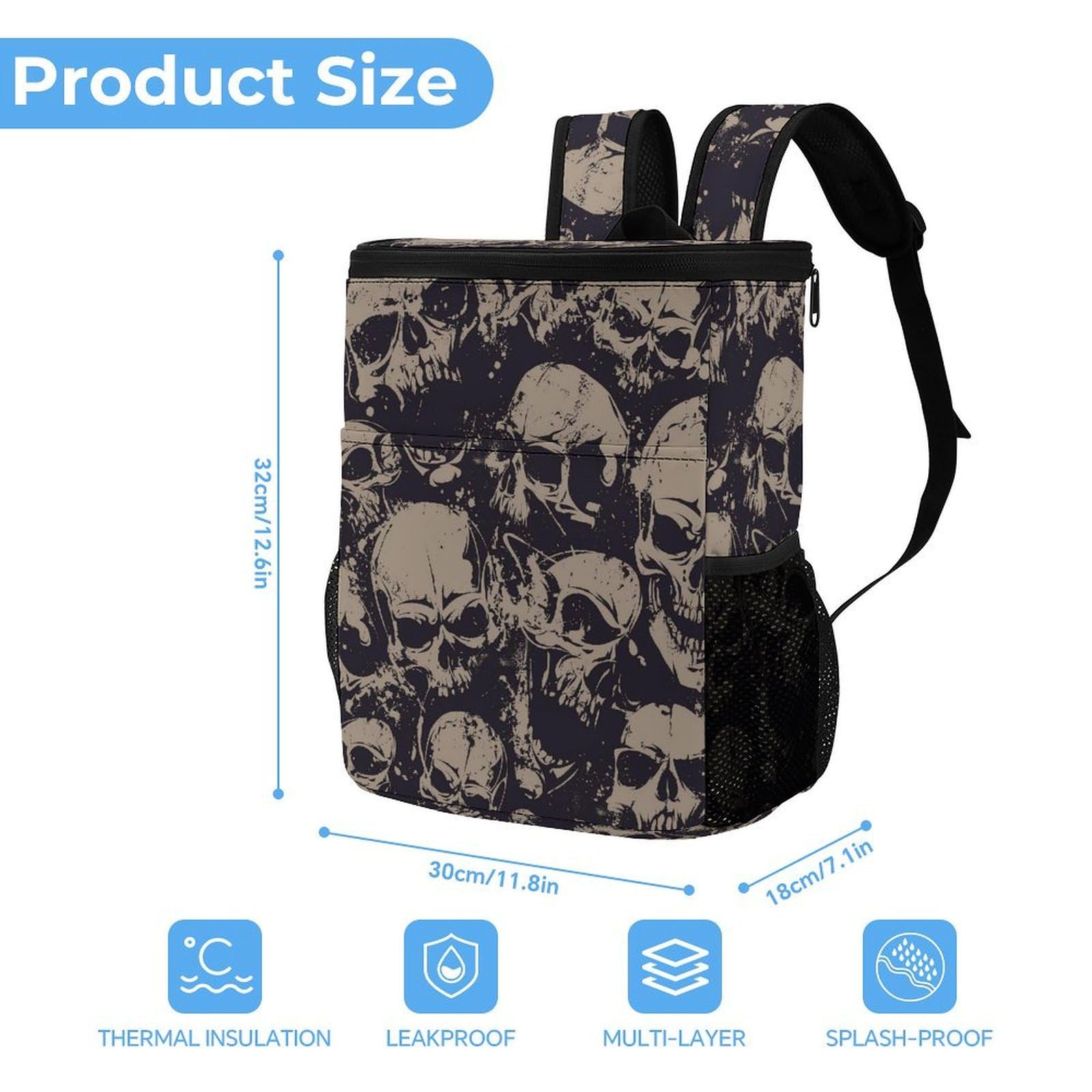 Many Skulls Get Together Sac à dos isotherme étanche en polyester sergé robuste avec sangles rembourrées réglables pour pique-nique, camping, activités de plein air