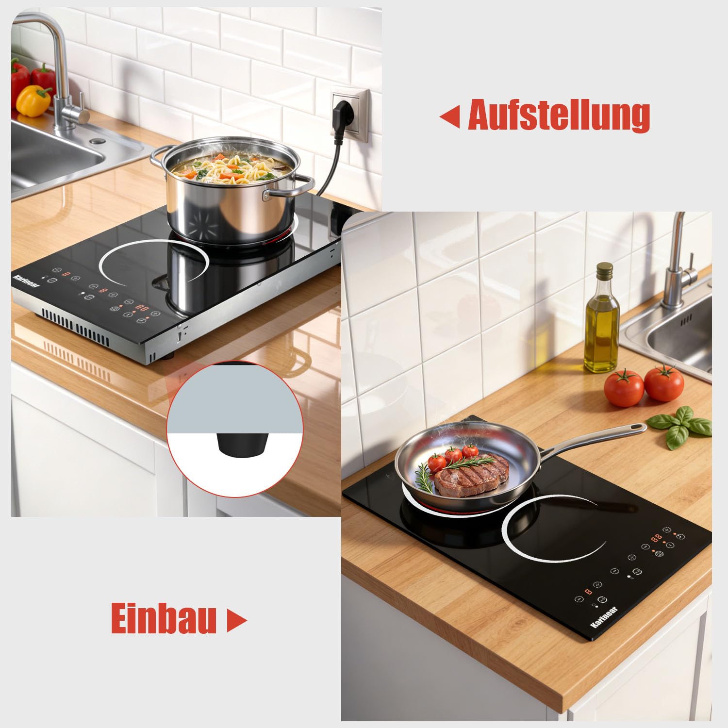Karinear Glaskeramikkochfeld 2 Platten mit Stecker, Keramikkochfeld Doppel, 3000W Unabhängige Touch-Steuerung, Herdplatte 2 Kochfelder, Timer, Sicherheitsschloss, 240V