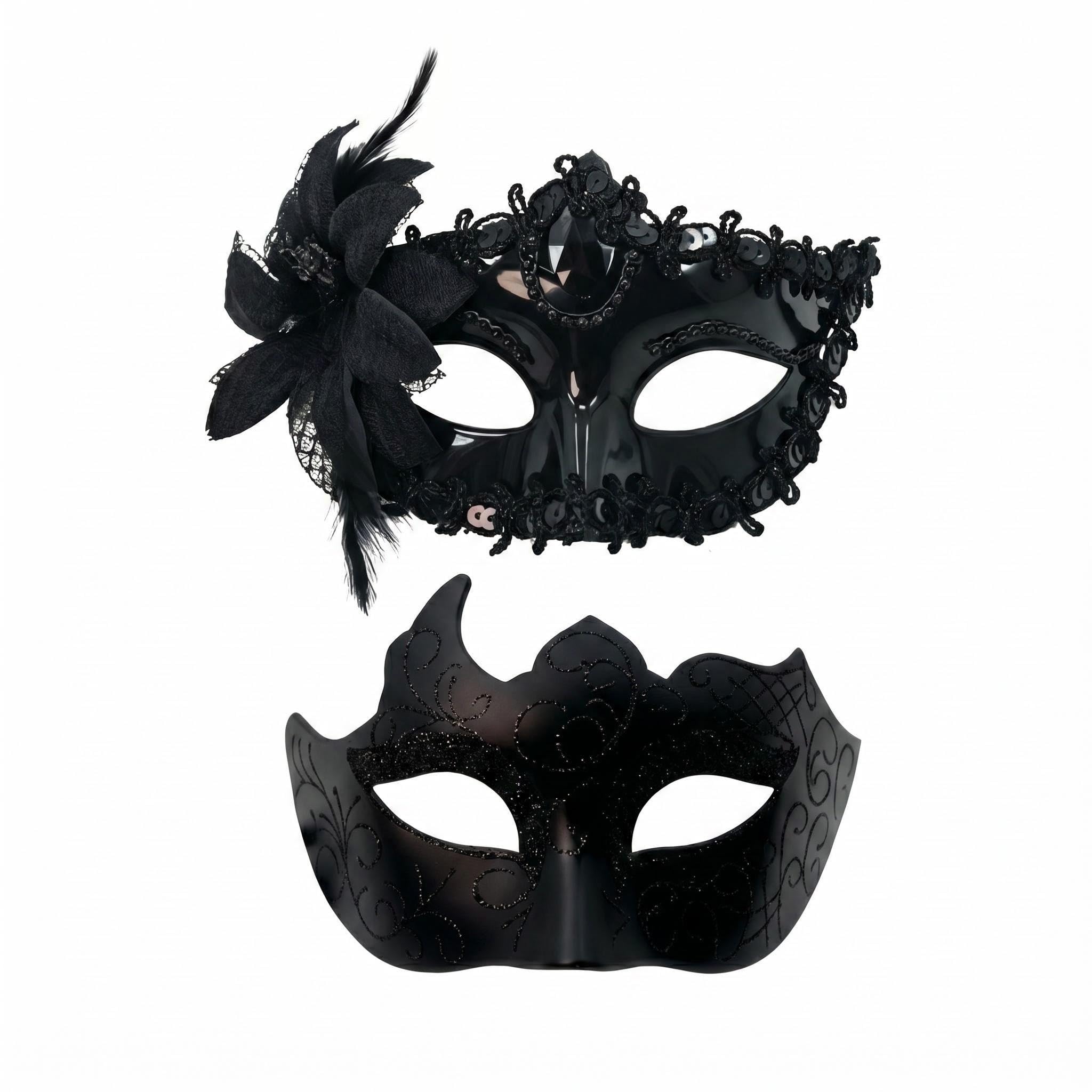 Valicaer Couple Masquerade Masks Set, 2PCS Venetian Party Masks with Elastic Band, Hand-Painted Plastic Masquerade Ball Masks for Women and Men (Black)