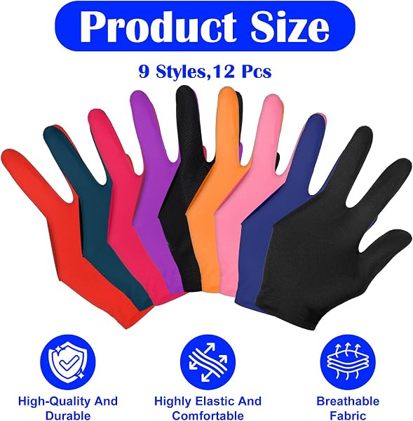 12 guantes de billar de tres dedos, transpirables, elásticos, para billar, cue para piscina, guantes profesionales de billar, para juegos de piscina, snooker, carom - 2