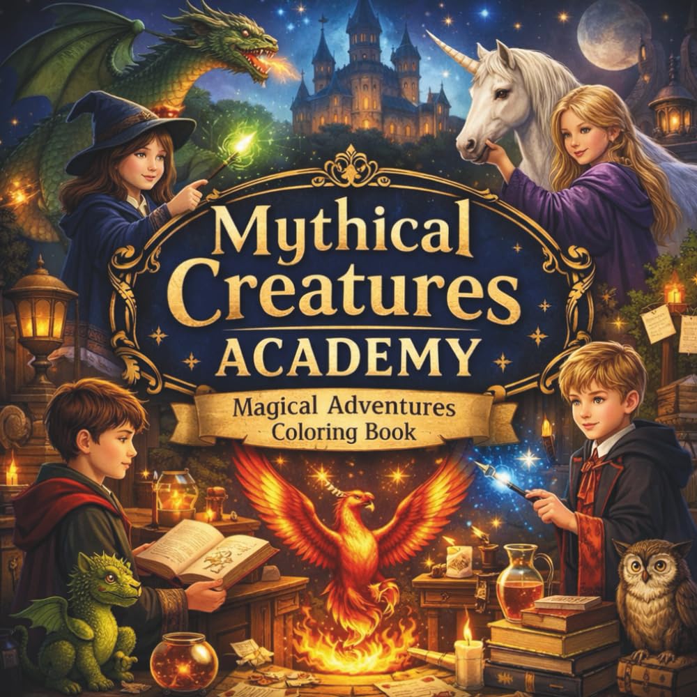 Mythical Creatures Academy Coloring Book: A Magical Fantasy Adventure with Dragons, Unicorns, Phoenix & Enchanted School Scenes for Kids Ages 4–12