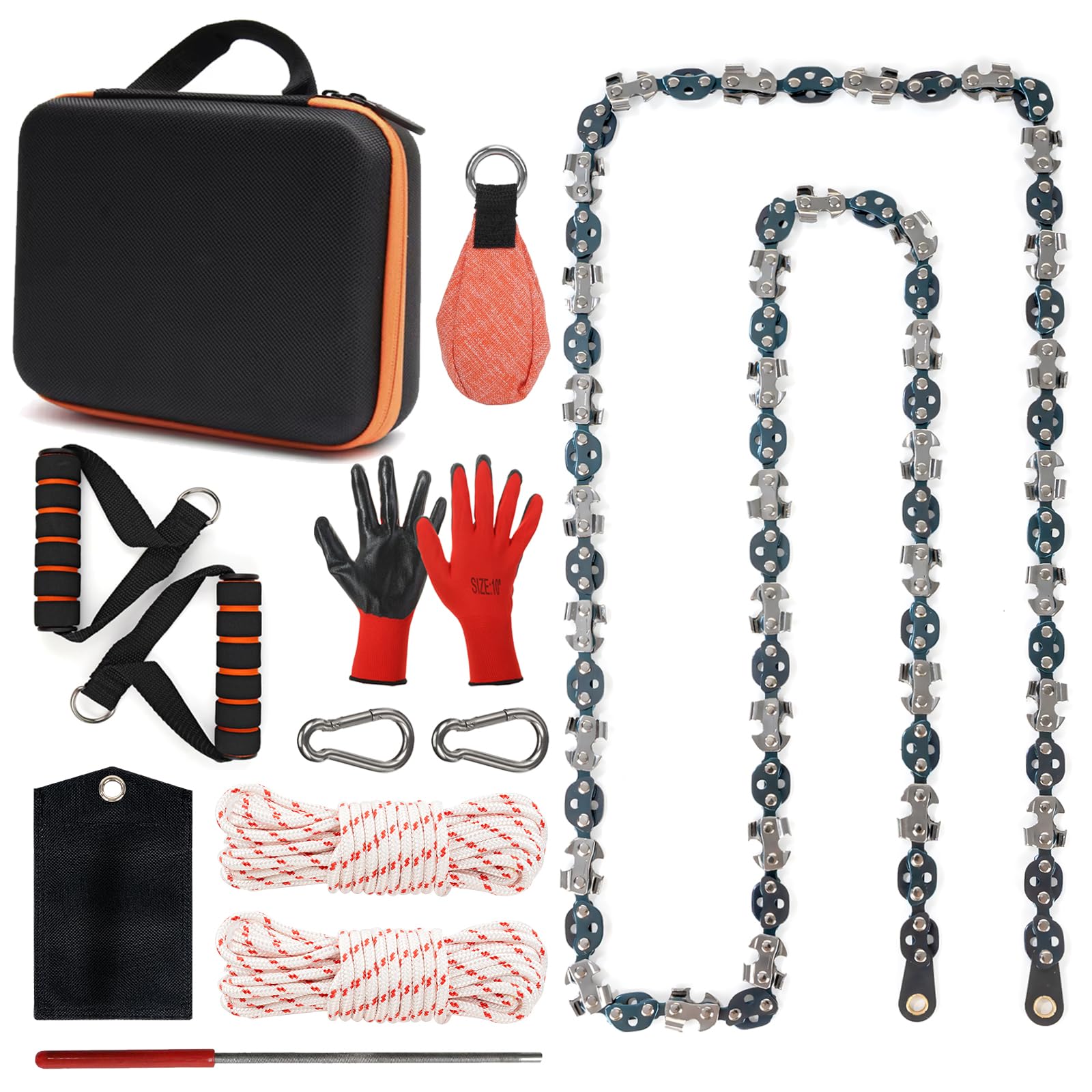53 Inch High Limb Rope Saw with 14oz Throw Weight Bag, Hand Chainsaw with 68 Sharp Teeth Blades on Both Sides, Hand Rope Chain Saw Kit Includes Ergonomic Handles and Storage Case