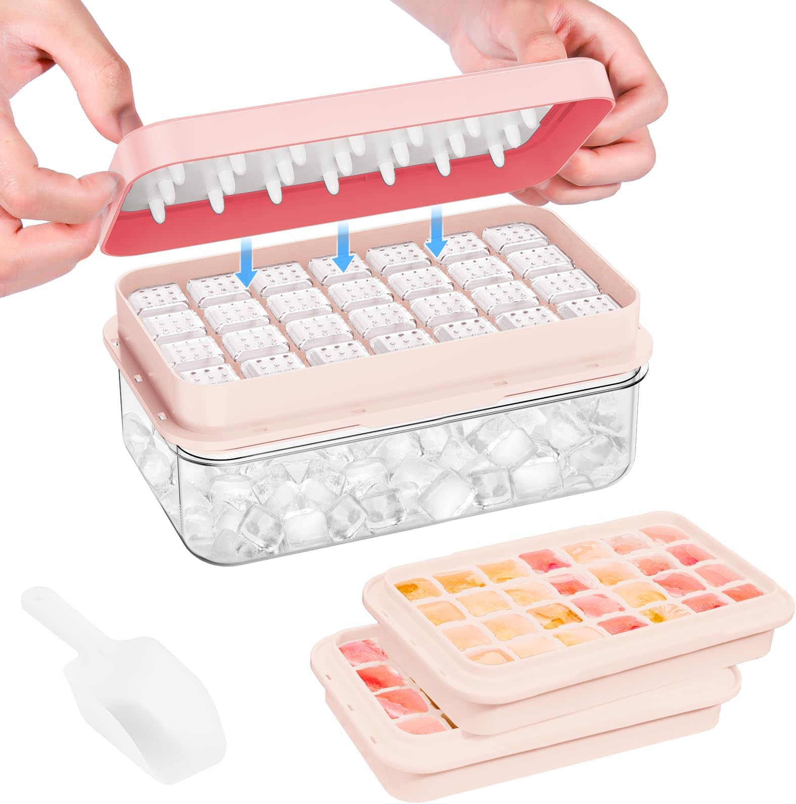 PHINOX Ice Cube Tray with Lid and Bin, Ice Trays for Freezer, Flexible Ice Cube Trays, Making 56 pcs Ice Cubes, Chilling Cocktail, Whiskey, Coffee, with 2 trays, Ice Container, Scoop&Cover, BPA Free