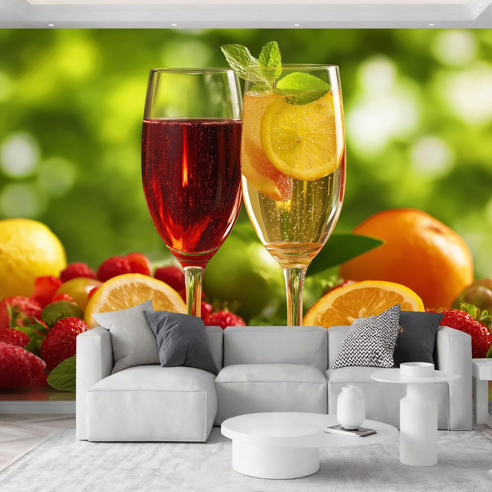 Tapeta 3D owoce wino 250 x 175 cm mural ścienny, na letnie napoje, kuchnia, bar, jadalnia, flizelina, fototapeta, funkcja premium