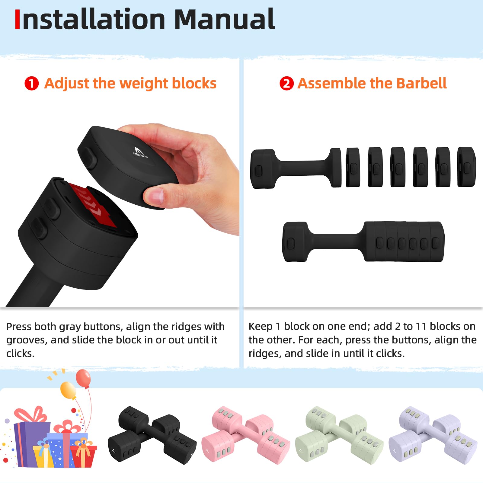 Abahub Zestaw hantli regulowanych, 2,5 kg x 2 pary, hantle fitness, pilates, damskie | 4 w 1 regulowane hantle, ciężarki do siłowni, hantle do codziennego treningu, hantle z szybką regulacją wagi, czarne