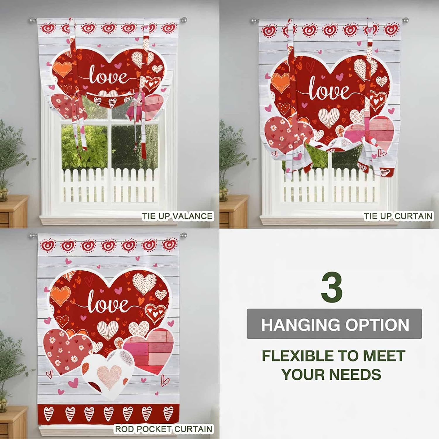 Gray Wood Valentines Day Tie Up Curtains for Window, Love Hearts Romantic Farmhouse Thermal Insulated Balloon Shade Adjustable Rod Pocket Curtains Valance Panels for Kitchen Bathroom Café 52'' x 45''
