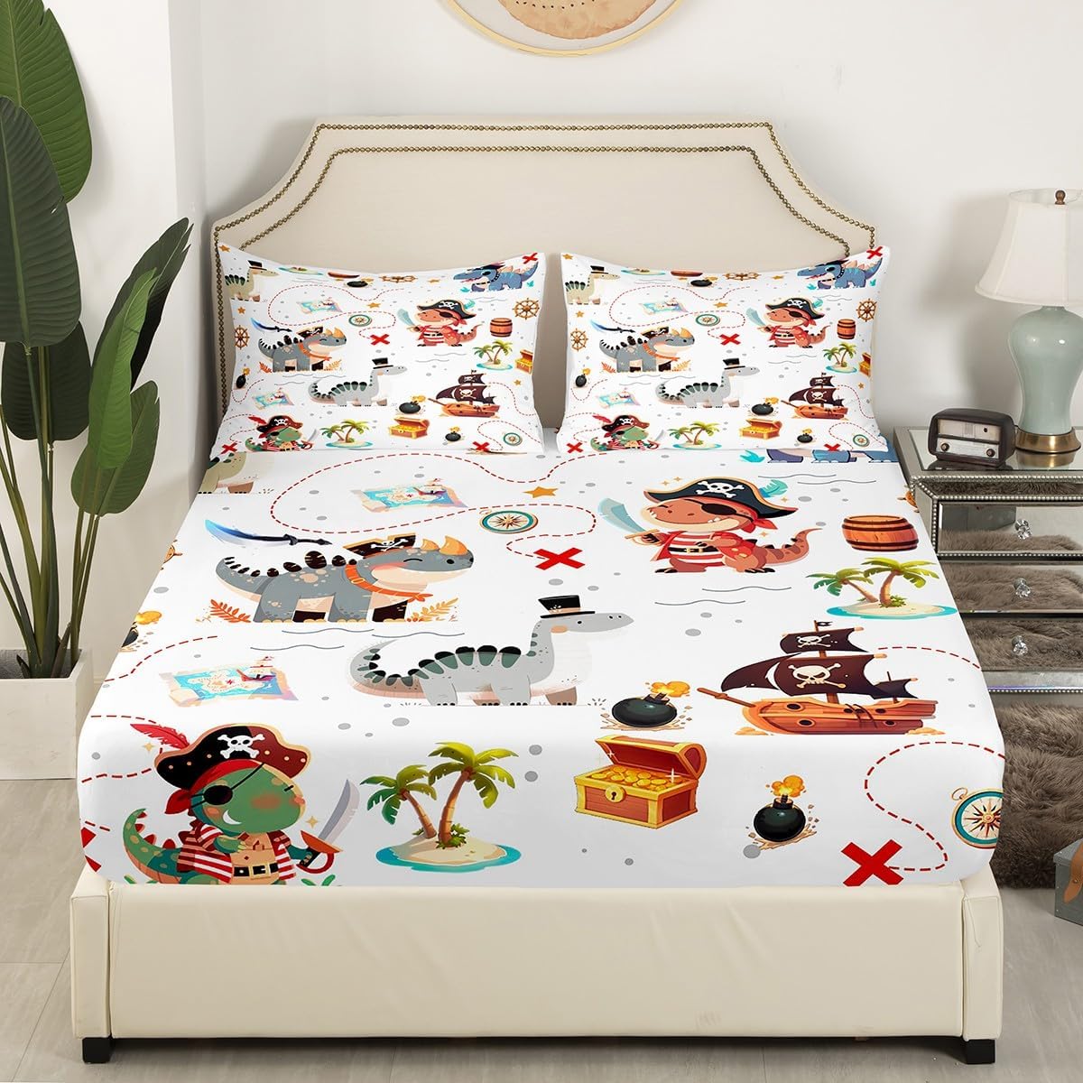 Homewish Pirate Dinosaur Kids Bedding Set Twin Size for Boys,Sea Nautical Map Theme Bed Sheets 3Pcs,Child Teens Bedroom Decor,Cartoon Animals Fitted Sheet Ocean Adventure Top Flat Sheet,1 Pillowcase
