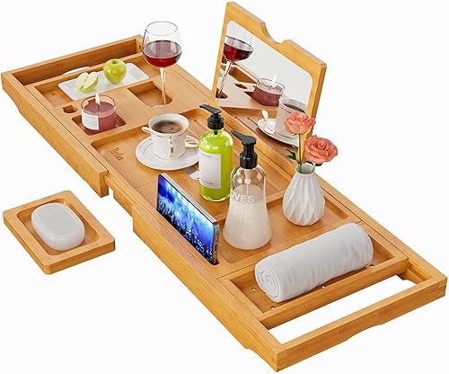 Yirilan Bandeja de baño de lujo Bandeja de baño expandible con espejo Regalos únicos de inauguración de la casa, bambú