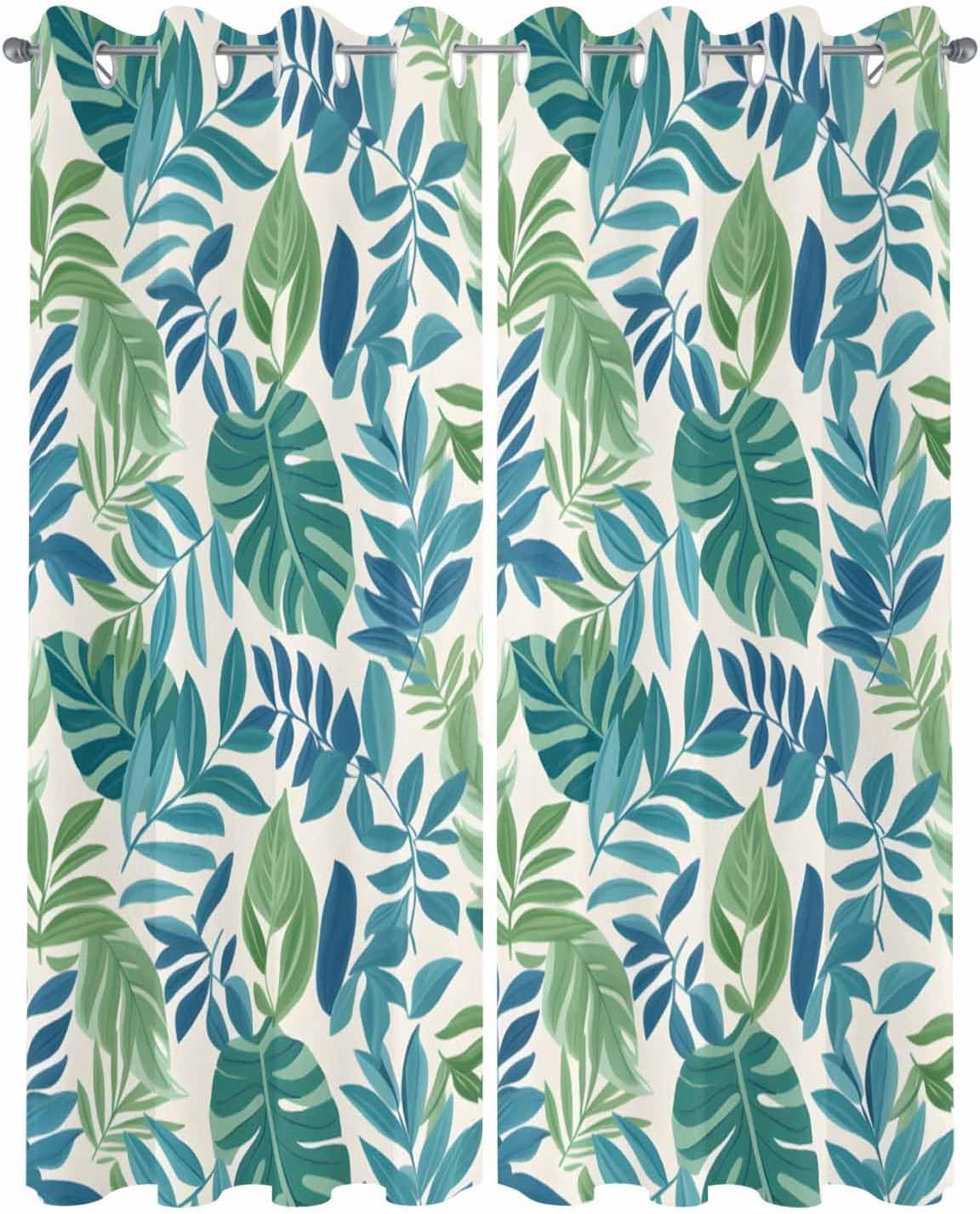 Palm Leaves Outdoor Curtains for Patio Waterproof,Green Blue Tropical Plants Summer Country Grommet Privacy Curtain Drapes Weatherproof Outside Curtains for Porch GazeboPergola Cabana 2 Panel 54x108