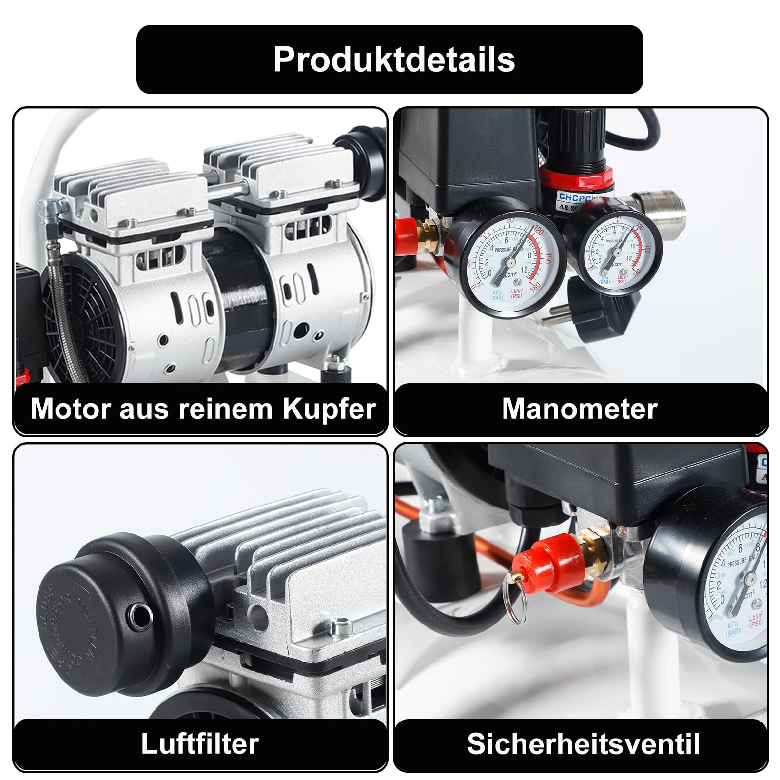 Flüsterkompressor 9 L, Leise Ölfrei Kompressor 550 W, Ölfrei Luftkompressor 58 dB, Druckluftkompressor 220 V, Silent Druckluft Kessel 110 L/min Abgasvolumen, mit Eingebautem Abluftventilator