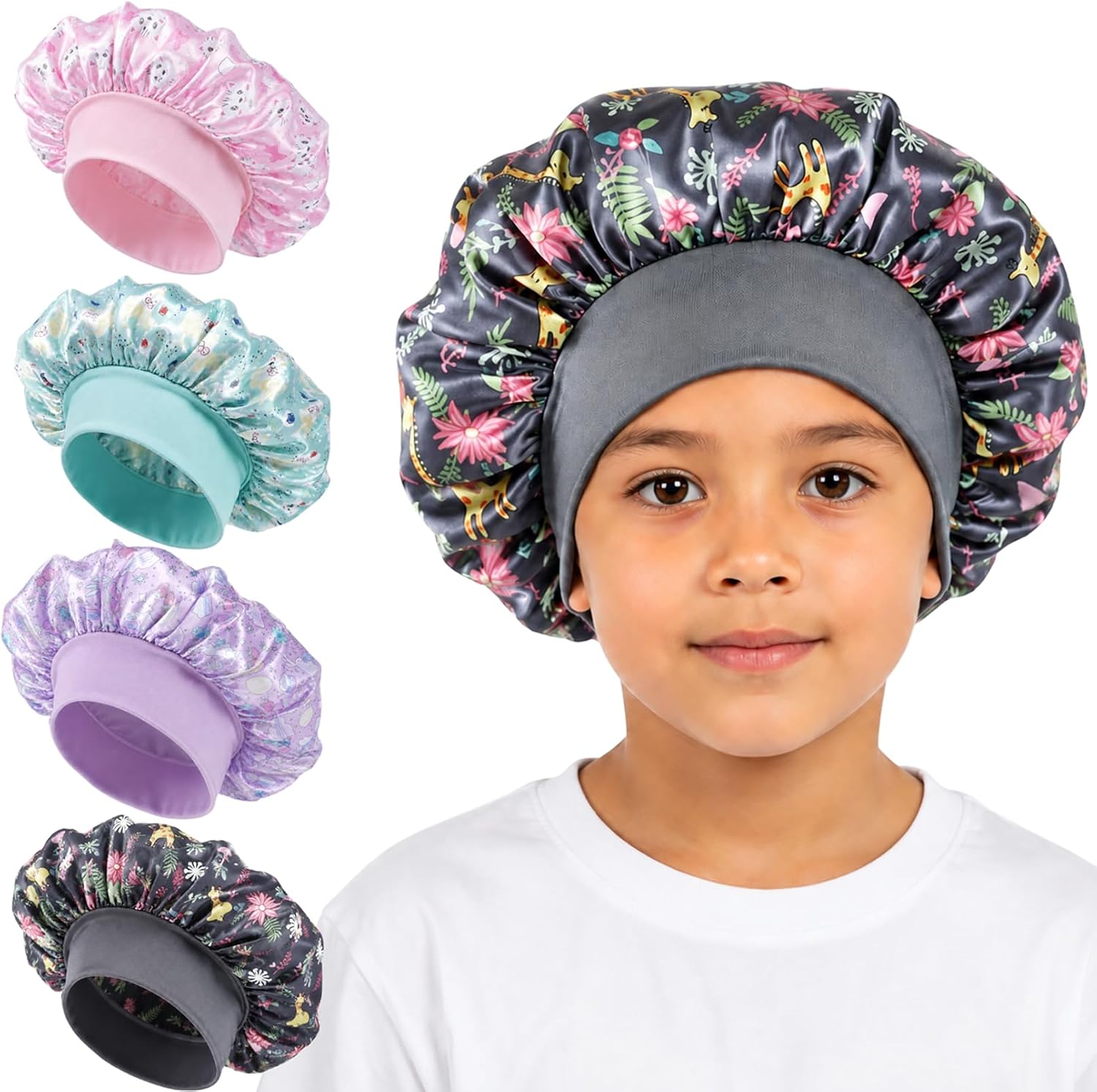 4 Pack Kids Satin Bonnet, 11.4In Bunny Print Toddler Bonnet, 4 Color | Breathable Kids Sleeping Bonnet, Soft Wide Band Hair Bonnet Satin Cap for Sleeping Natural Curly Hair, Pink Blue Purple Black