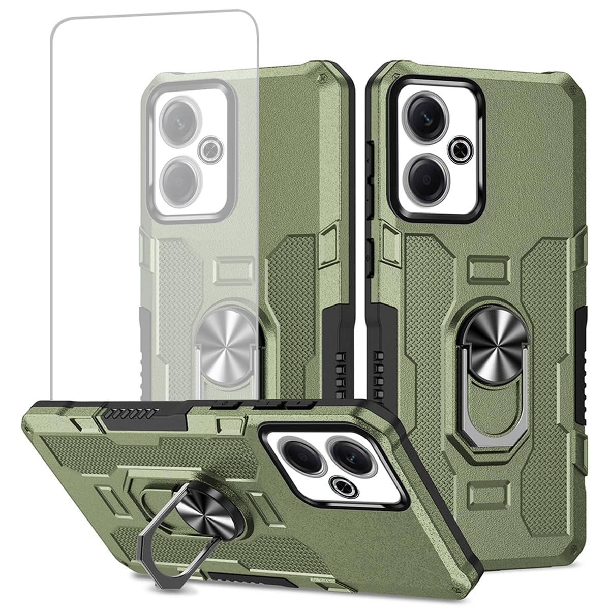 Ueokeird Case for Redmi 13 4G Case, 2404ARN45A Case with Tempered Glass Screen Protector, Heavy Duty Protection with Metal Ring Magnetic Kickstand