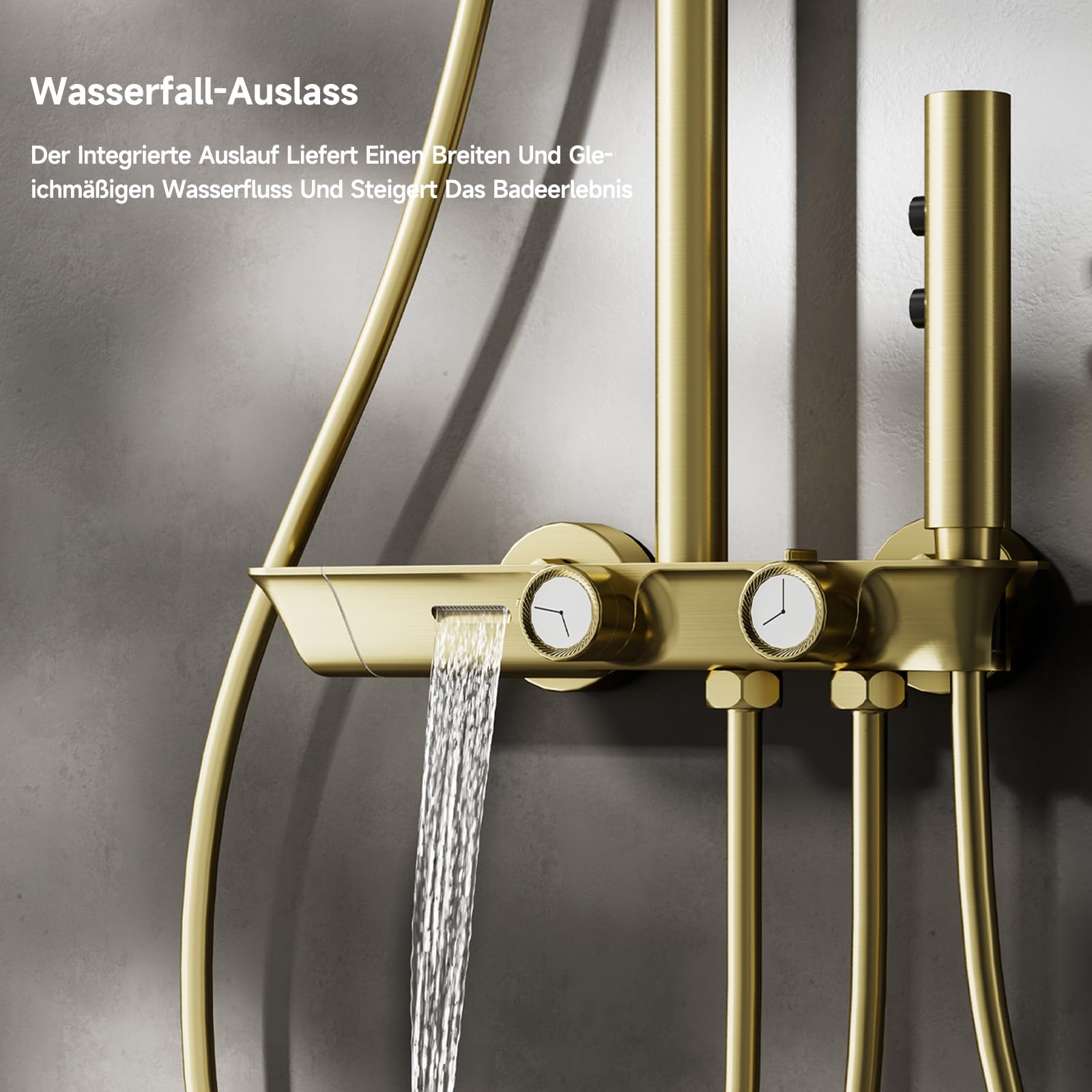 Duschsystem,Gebürstetes Gold Duschsystem mit thermostat | 4-in-1-Duschsäulen-Set mit 320 × 220 mm großer Regendusche, Duschset mit Duschkopf, Duschgarnitur mit Regendusche