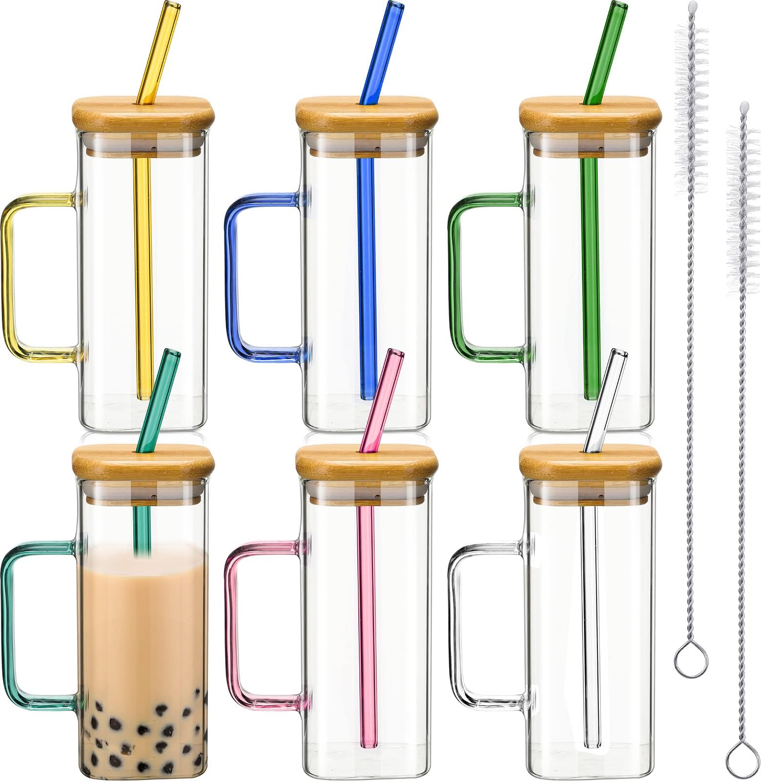 Rtteri6 Pcs Square Glass Cups Drinking Glasses with Bamboo Lids and Straw Portable Coffee Mugs with Color Handles for Employee Party Gifts(Bright Color, 13 oz, Small)