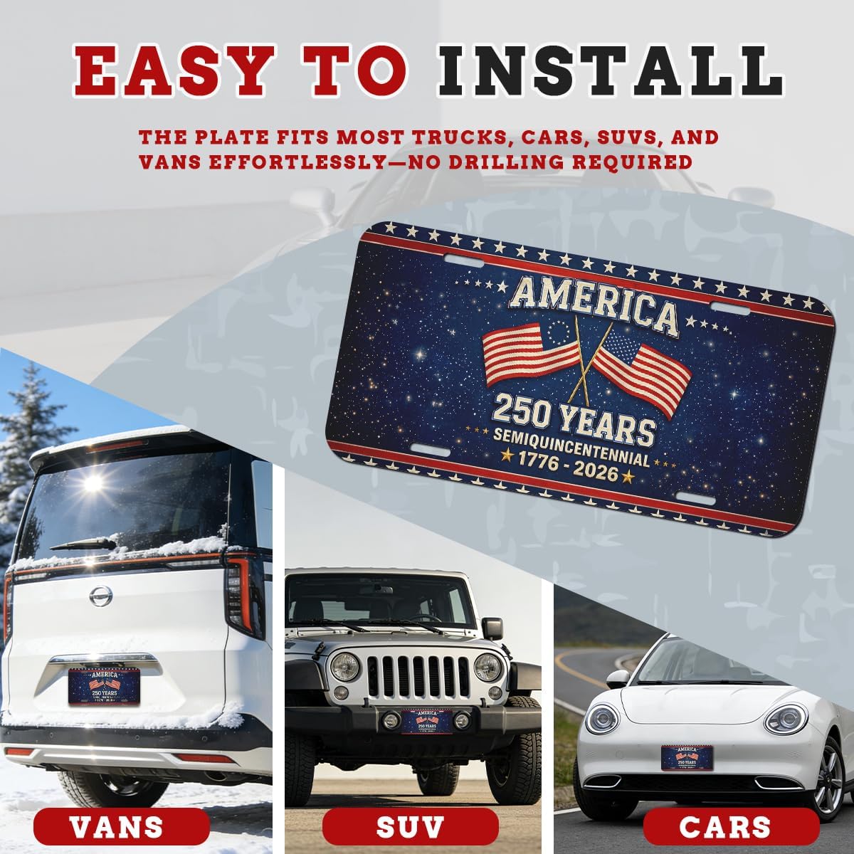 America 250 Years License Plate USA 250th Patriotic 1776 2026 Aluminum Metal Decor Accessory Novelty Vanity Tag Cover with 4 Holes 12×6 Inch Car Decor Accessory with 4 Holes for Men Women