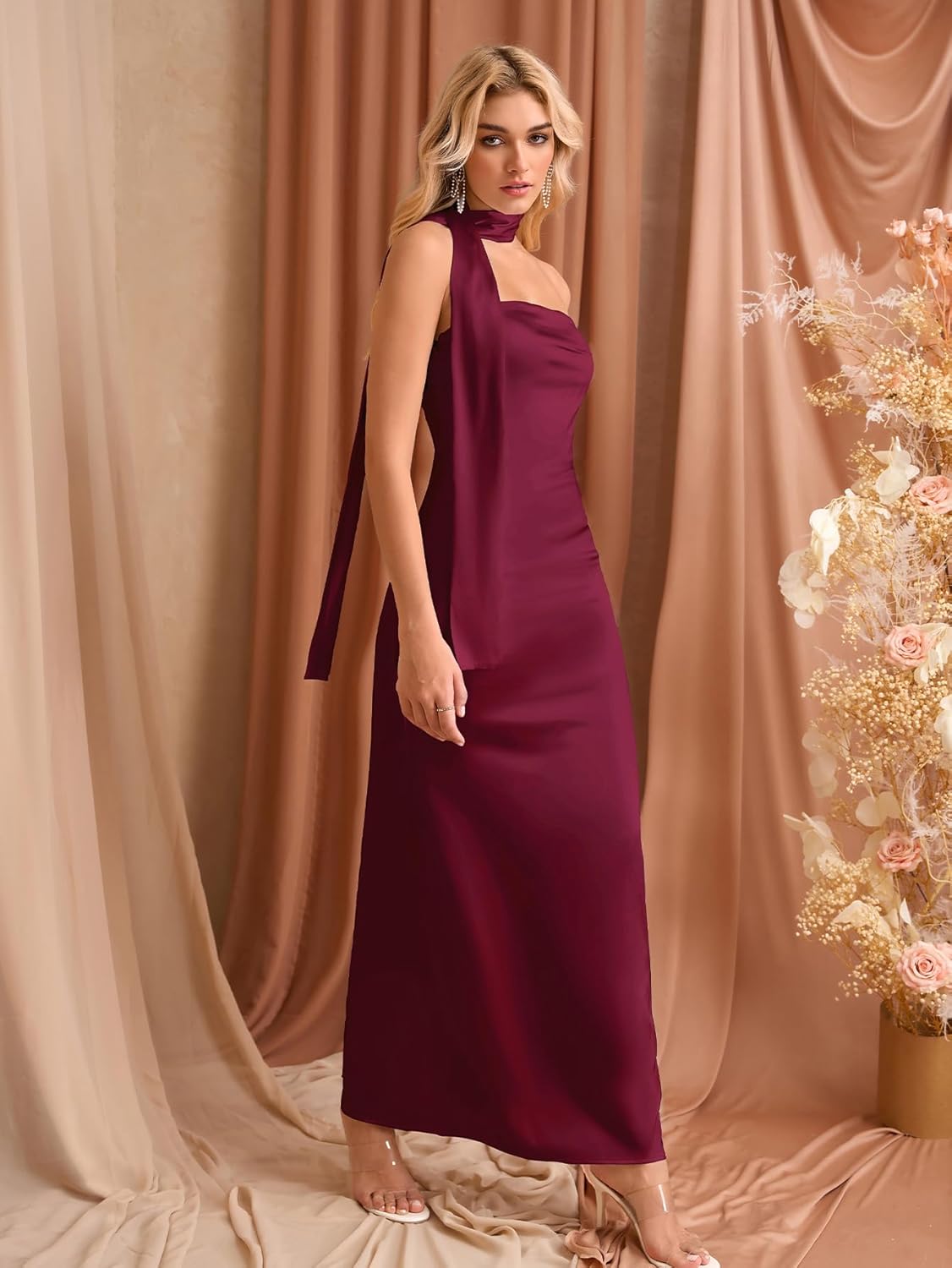 EYNMIN Women's Tube Maxi Dress with Scarf Satin Strapless Elegant Long Formal Wedding Guest Dresses - Image 4