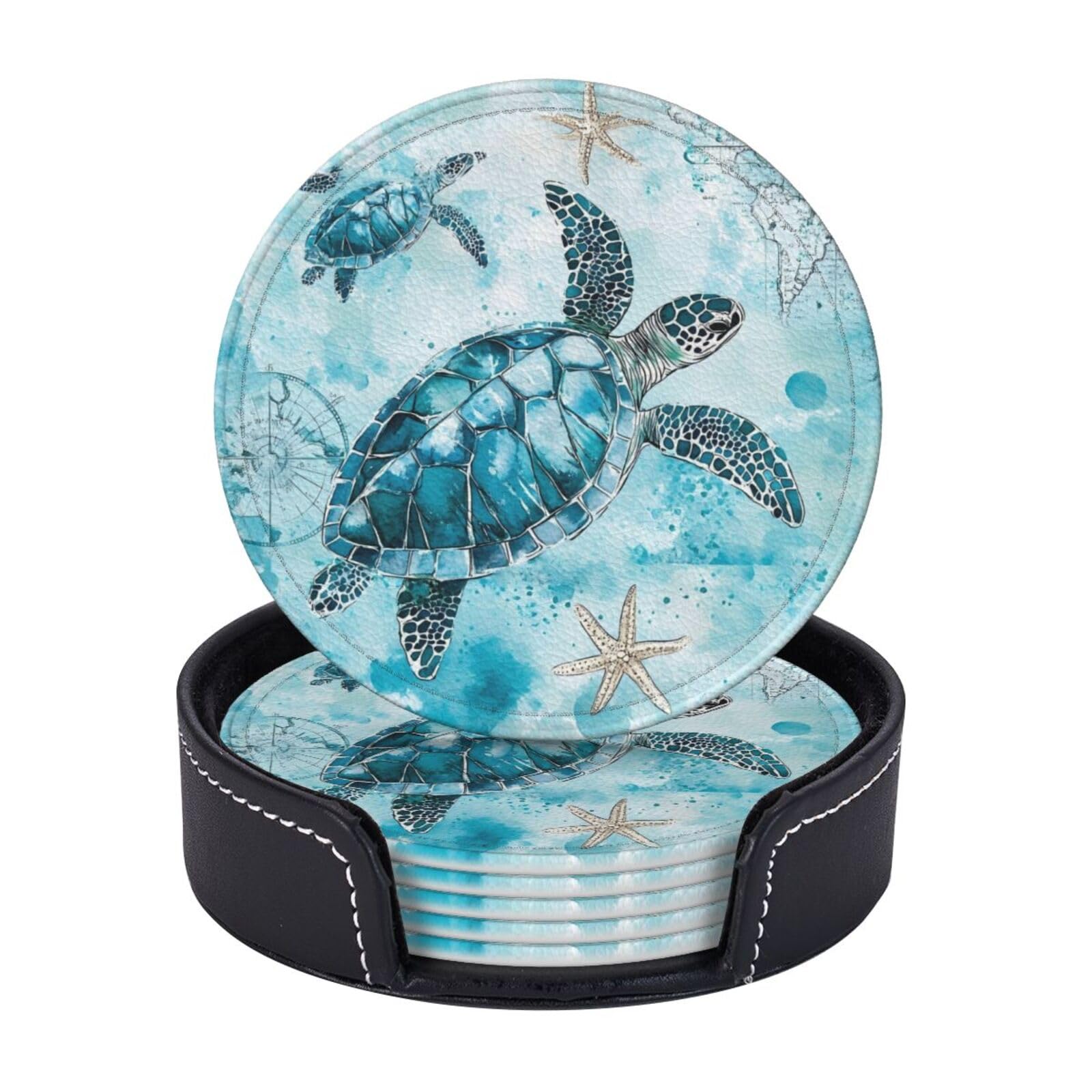 6 Pcs Blue Sea Turtle Seaweed Leather Coasters for Drinks with Holder Coaster Sets Drink Table Cup Coasters for Living Room Kitchen Coffee Decor