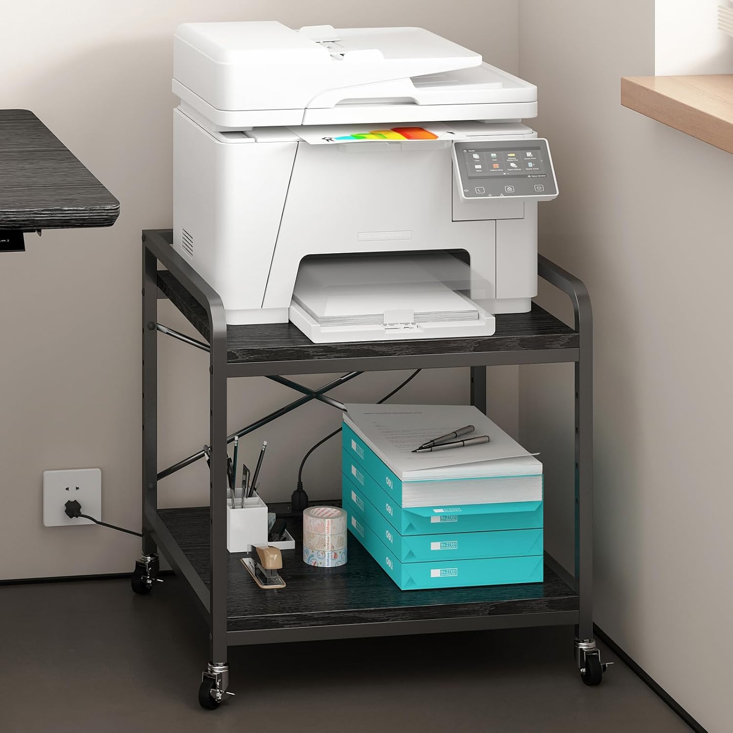 under desk printer stand with power outlet large printer table with adjustable shelf,industrial wheels, 20 inches deep 2 tier rolling printer cart for home office, black