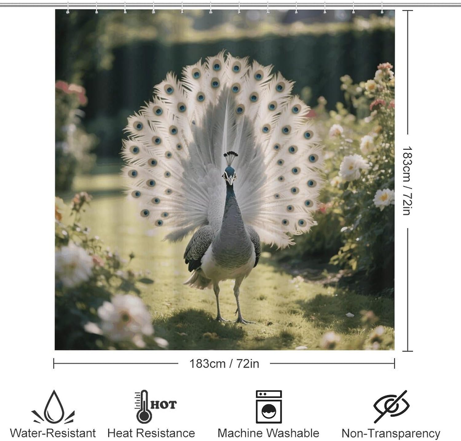 Gray and White Peacock Shower Curtain Set 4 Piece, Non-Slip Bath Mat with Toilet Lid Cover and Waterproof Shower Curtain with 12 Hooks, Complete Bathroom Set for Home Decor