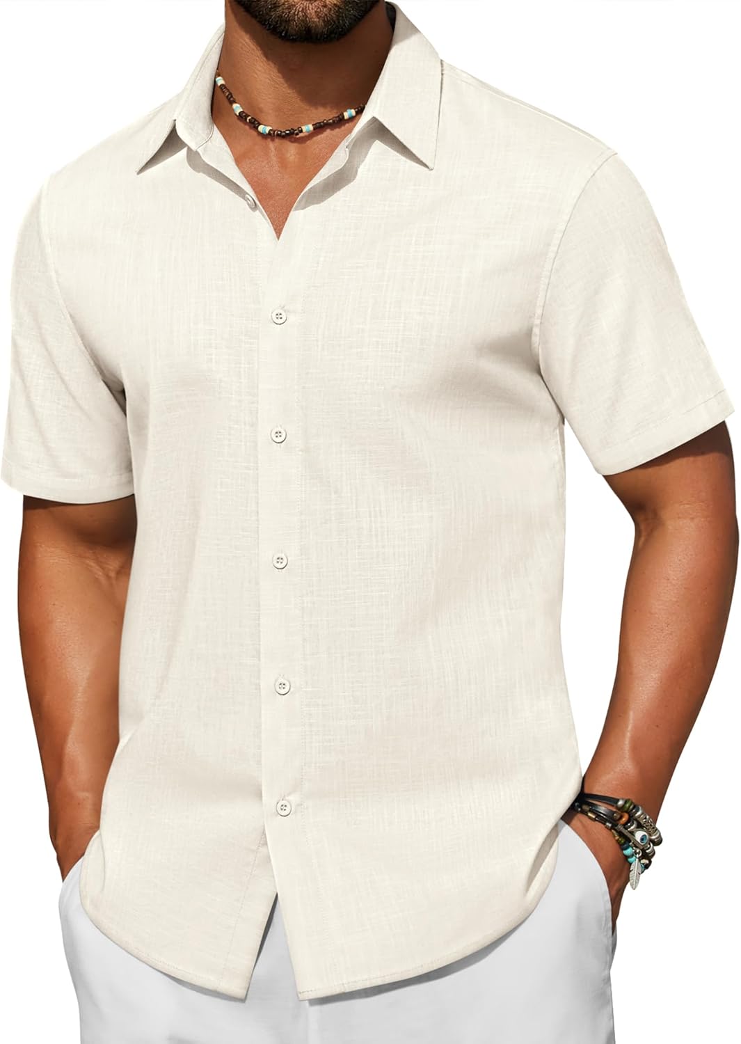 COOFANDY Men's Short Sleeve Button Down Shirt Casual Cotton Shirts Beach Summer Linen Shirts with Pocket