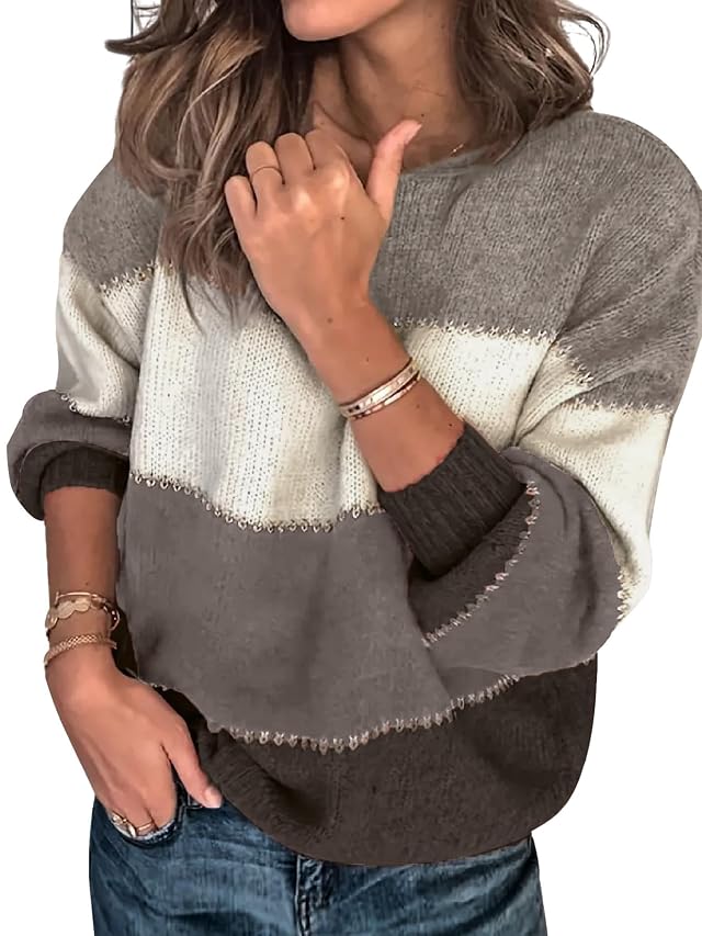 Womens Oversized Cute Color Block Sweater Fall 2025 Trendy Lightweight Knit Crew Neck Long Sleeve Pullover Sweaters