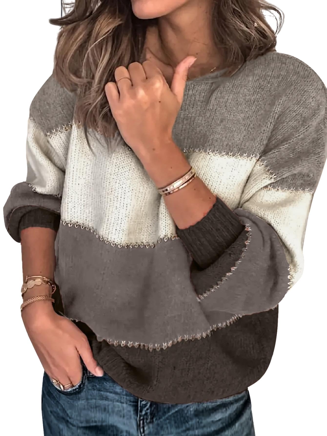 Womens Oversized Cute Color Block Sweater Fall 2025 Trendy Lightweight Knit Crew Neck Long Sleeve Pullover Sweaters