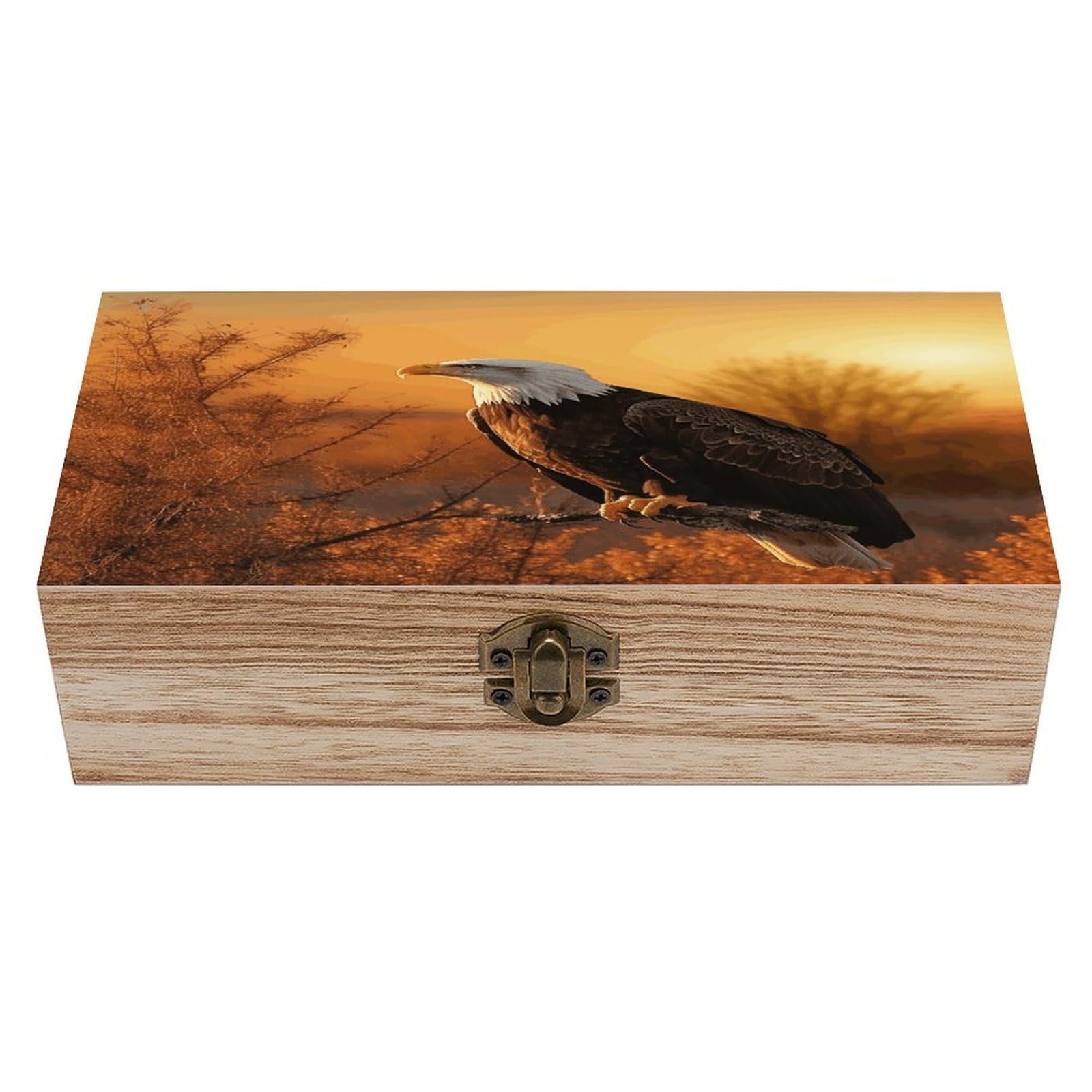 VstaDank Golden Sunset Bald Eagle Wooden Box Sturdy Vintage Storage Box with Hinged Lid Exquisite Wood Keepsake Boxes Large Jewelry Case Cute Trinket Holder Unique Gift for Men & Women
