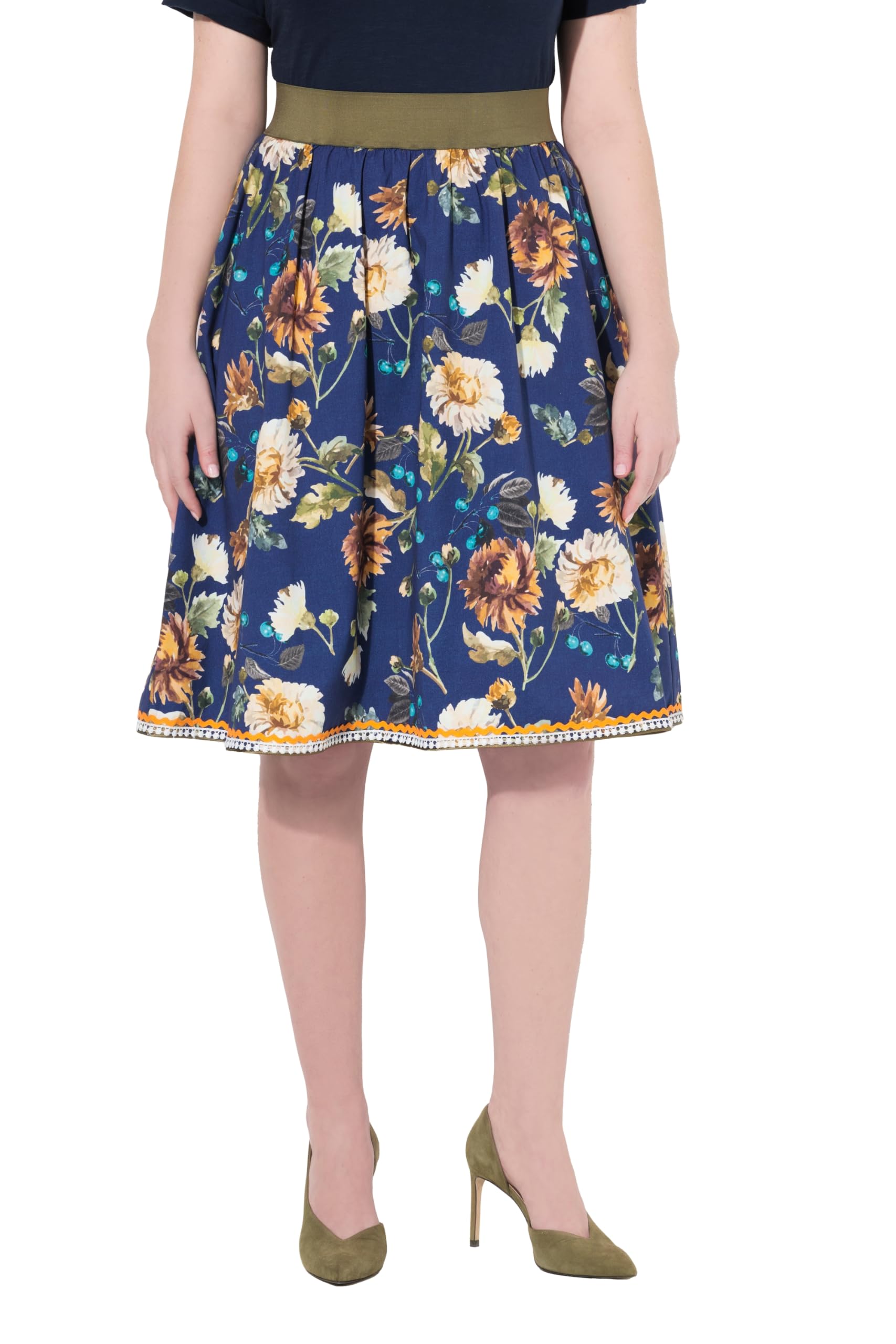 Ulla Popken Damen große Größen Übergrößen Plus Size Trachtenrock, A-Linie, Elastikbund, Zierbänder, Spitze 826880