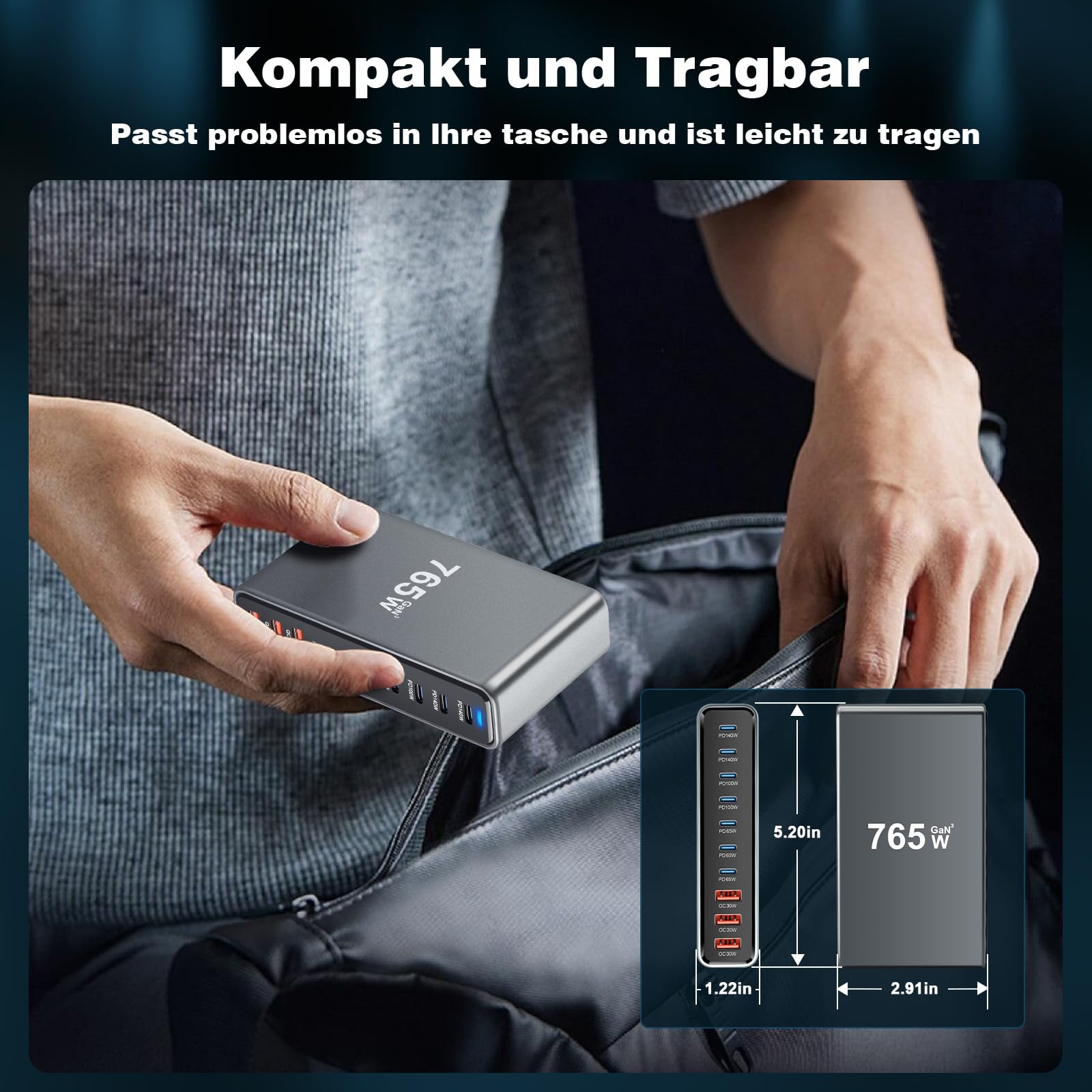 Chargeur USB C multiple 765 W PD 140 W Chargeur rapide 10 ports Station de charge GaN-III Chargeur avec 7 ports USB-C et 3 ports USB-A pour MacBook iPad Pro/Air, iPhone 16 15 Pro Max, Samsung, Xiaomi