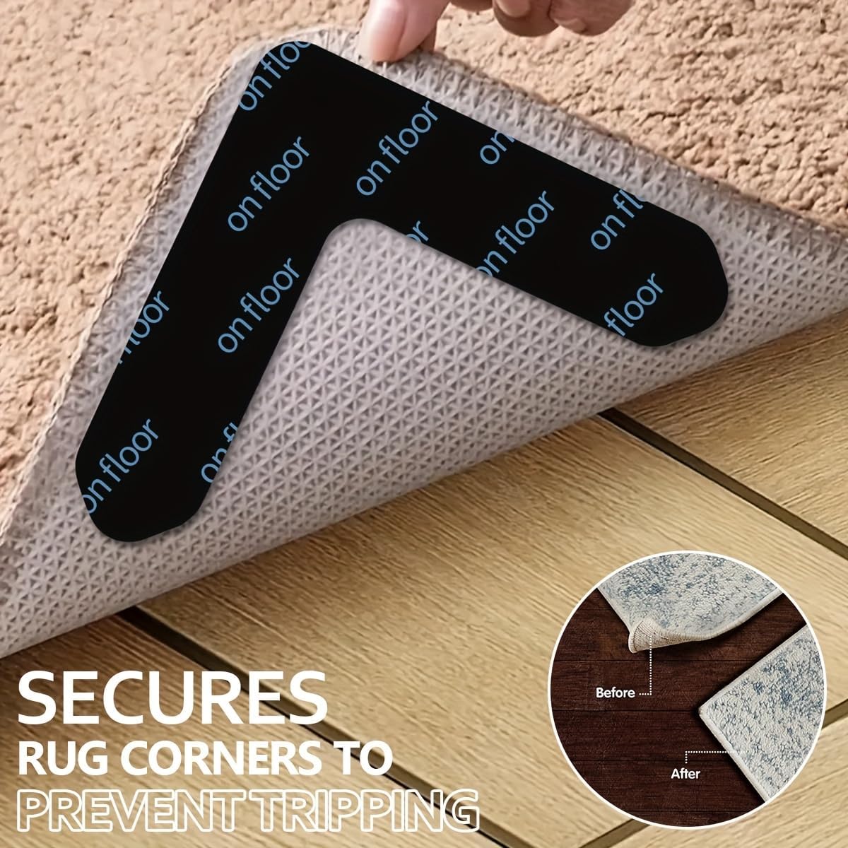 16pcs Non-Slip Rug Tape Grippers – Reusable Washable Carpet Tape for Hardwood Floors & Area Rugs, Keeps Rugs in Place & Corners Flat (16pc)