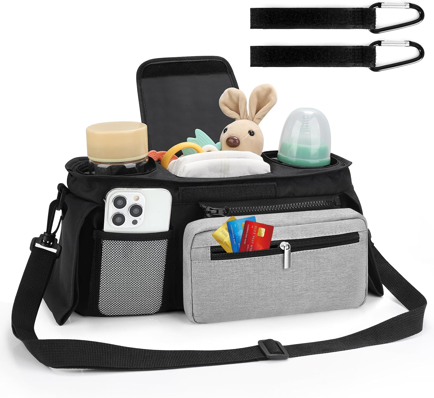  Universal Stroller Organizer with Insulated Cup Holder Detachable Phone Bag and Shoulder Strap,Stroller Bag Caddy Organizer for Uppababy, Baby Jogger, Britax Strollers thumbnail