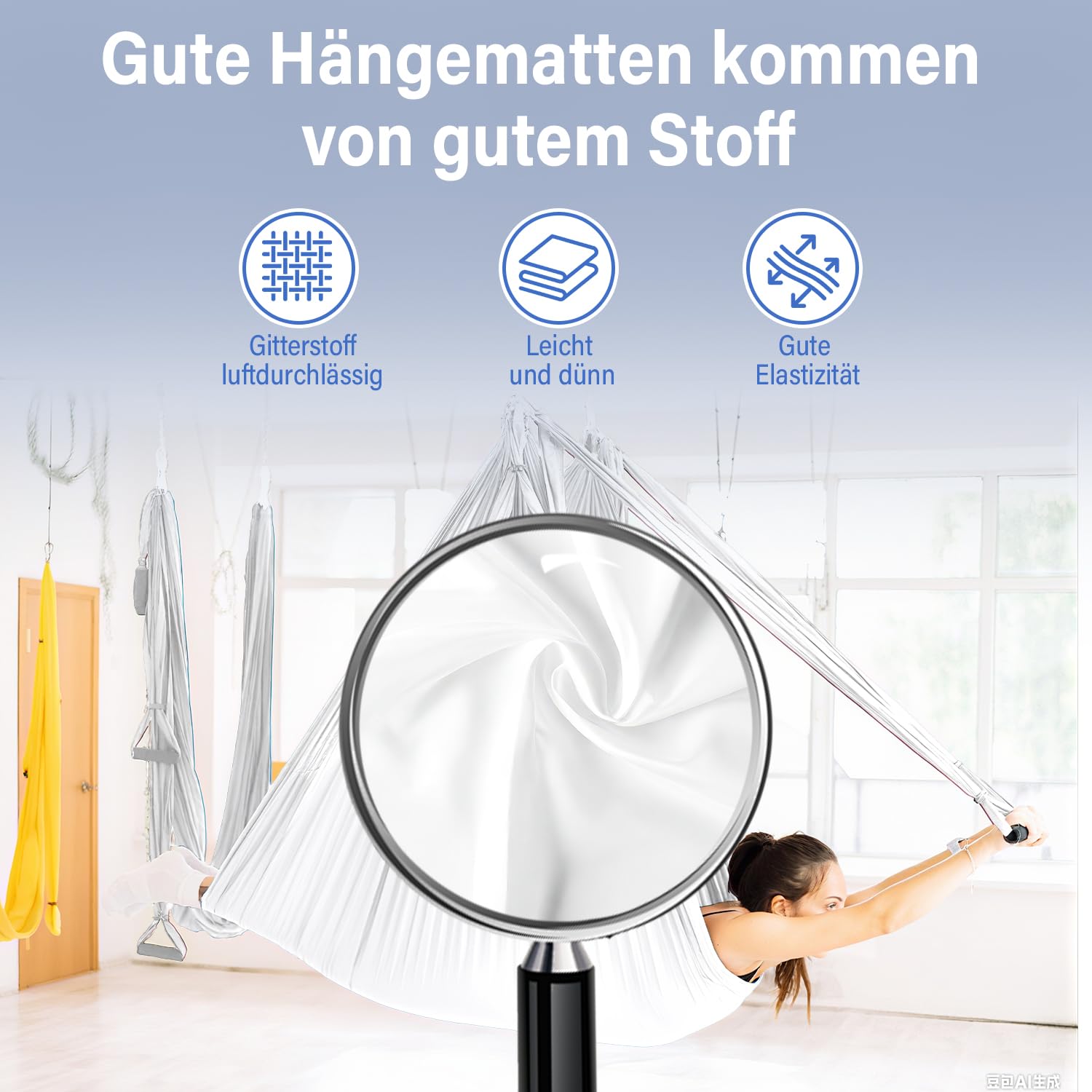 yogatuch Professionell set - 500x200cm Atmungsaktives Tuch für Yoga in der Luft, Yoga Swing, Anti-Rutsch, Hohe Tragfähigkeit (bis 300kg) - Inkl. Karabiner & Aufbewahrungstasche