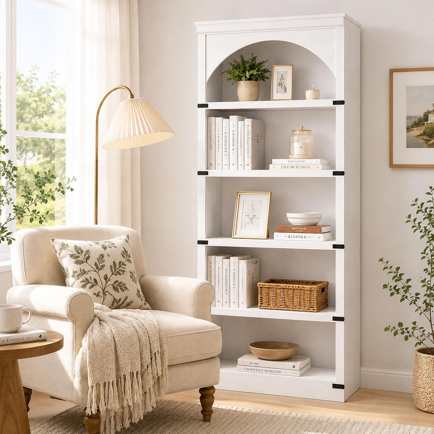 GarveeHome 69" Tall Farmhouse Bookshelf, 5-Tier Open Bookcase with Storage, Wooden Display Shelf for Living Room, Bedroom & Home Office,White