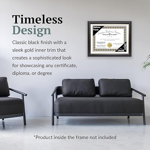 Vista 181 de Creative Picture Frames Marco para diploma Rockefeller de 9 x 12 pulgadas, color negro con borde dorado, muestra un certificado de 9 x 12 pulgadas