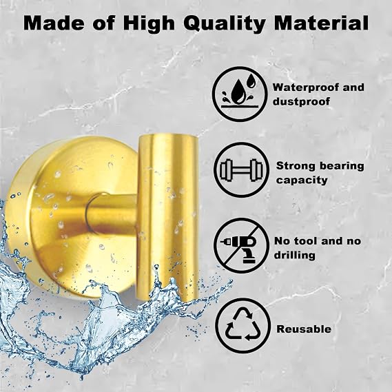 BIRDDIE Suction Cup Shower Towel Hooks, Wall Mount Robe Holder, Heavy Duty No Drill Wall SUS304 Waterproof Stainless Steel Hooks for Bedroom, Bathroom, Kitchen, Hotel and Office (2*Brushed Golden)
