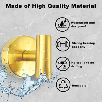BIRDDIE Suction Cup Shower Towel Hooks, Wall Mount Robe Holder, Heavy Duty No Drill Wall SUS304 Waterproof Stainless Steel Hooks for Bedroom, Bathroom, Kitchen, Hotel and Office (2*Brushed Golden)