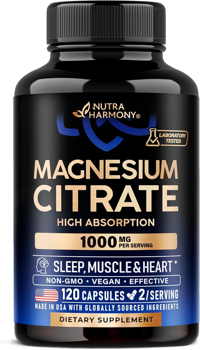 NUTRAHARMONY Magnesium Citrate Capsules 1000mg | High Absorption Supplement - Sleep, Muscle & Heart Support - Vegan | Non-GMO - Made in USA - As Powder | Pills | Tablets - 120 Capsules, 2 Month Supply