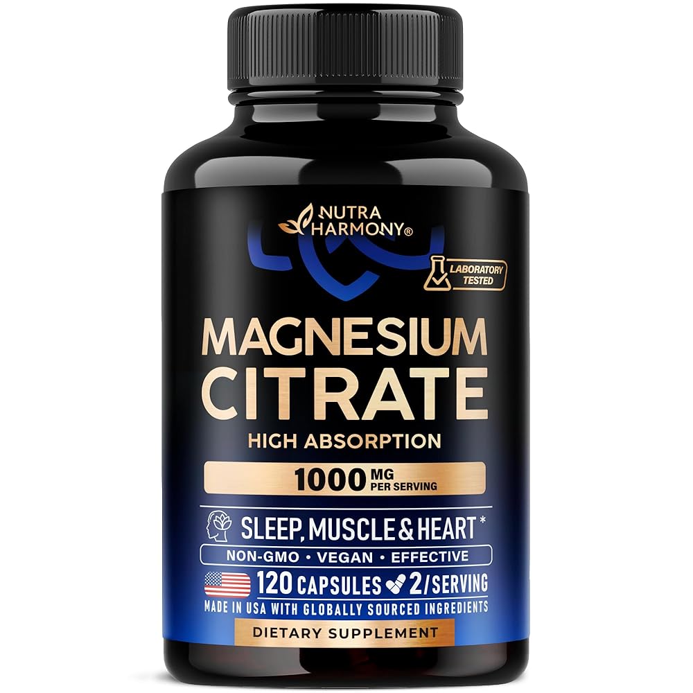 Magnesium Citrate Capsules 1000mg | High Absorption Supplement - Sleep, Muscle & Heart Support - Vegan | Non-GMO - Made in USA - As Powder | Pills | Tablets - 120 Capsules, 2 Month Supply