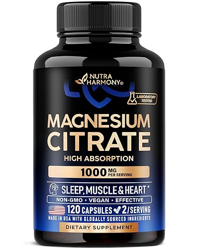 Magnesium Citrate Capsules 1000mg | High Absorption Supplement - Sleep, Muscle & Heart Support - Vegan | Non-GMO - Made in USA - As Powder | Pills | Tablets - 120 Capsules, 2 Month Supply