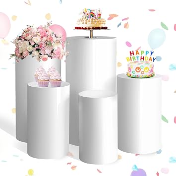 Cylinder Pedestal Stands for Parties,Metal Cylinder Stands for Party White Round Display Pedestal Stand for Wedding Props Birthday Babyshower Party Event Decor Five pieces