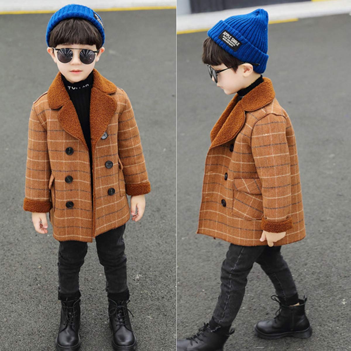 amropi Blouson Manteau Chaud Enfant Garçon Trench Croisé à Carreaux Épais Manteau Chaud Hiver Veste 2-10 Ans