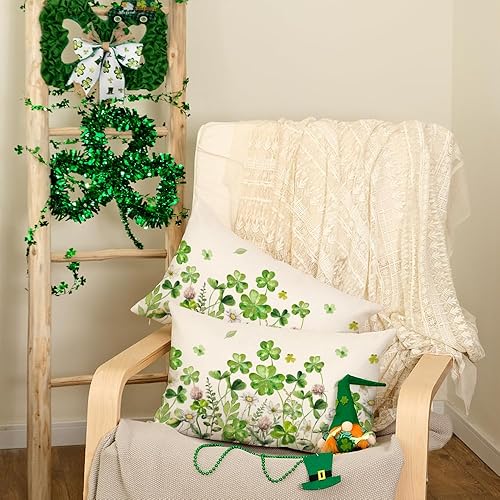Miniatura 10 de AACORS Juego de 2 fundas de almohada del Día de San Patricio de 18 x 18 pulgadas, decoraciones florales de trébol, decoración de primavera para sofá