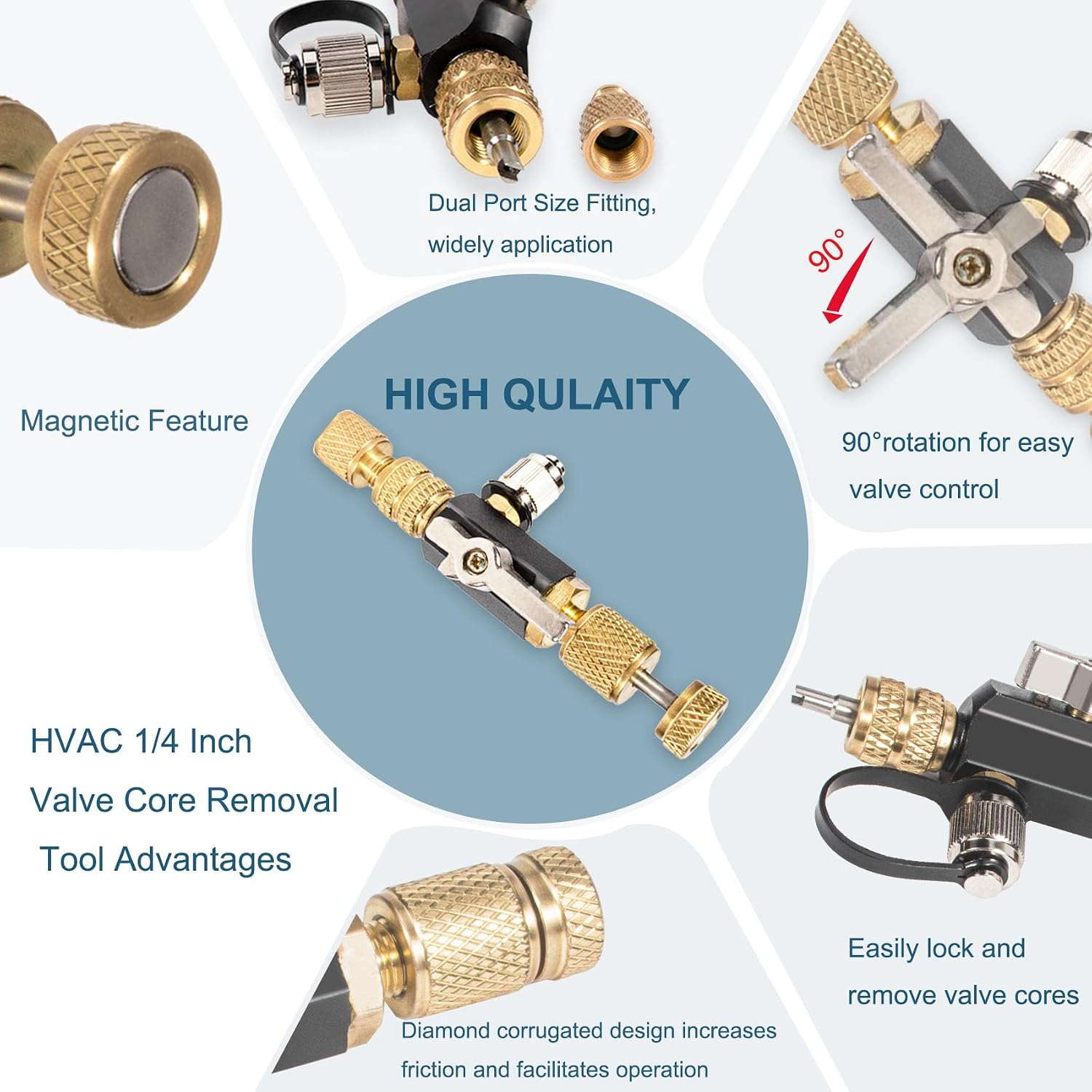 HVAC Valve Core Removal Tool, Leak-proof Valve Core Removal Tool (20 µm Vacuum), 1/4"& 5/16" Dual Valve Mega Flow Vacuum-Rated Valve Core Removal Tool, Essential HVAC Tools for R22,R32,R410,R407,R404