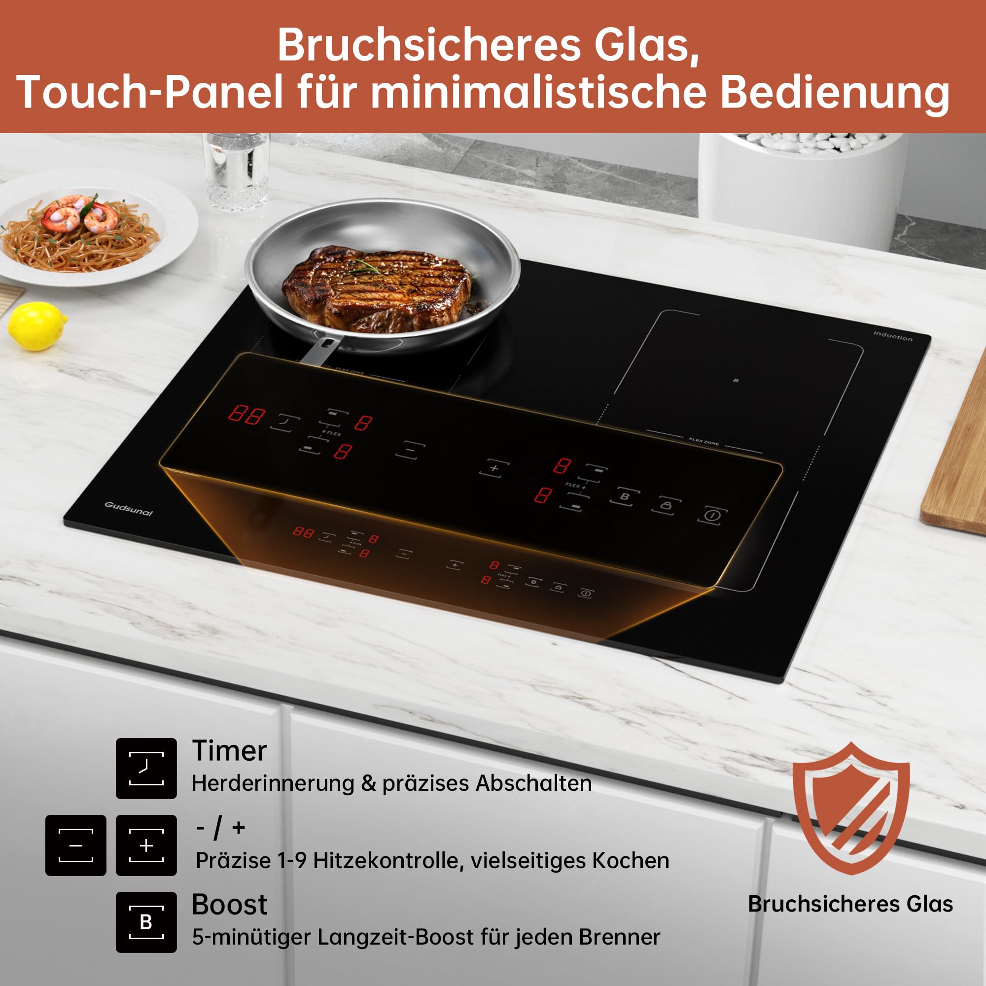 Induktionskochfeld 60 cm mit zwei Flexzonen, 7200W, 4-Zonen-Induktionskochplatte mit kontinuierlicher Niedrigleistungsheizung, Boost, 9 Heizstufen, Timer, automatische Abschaltung
