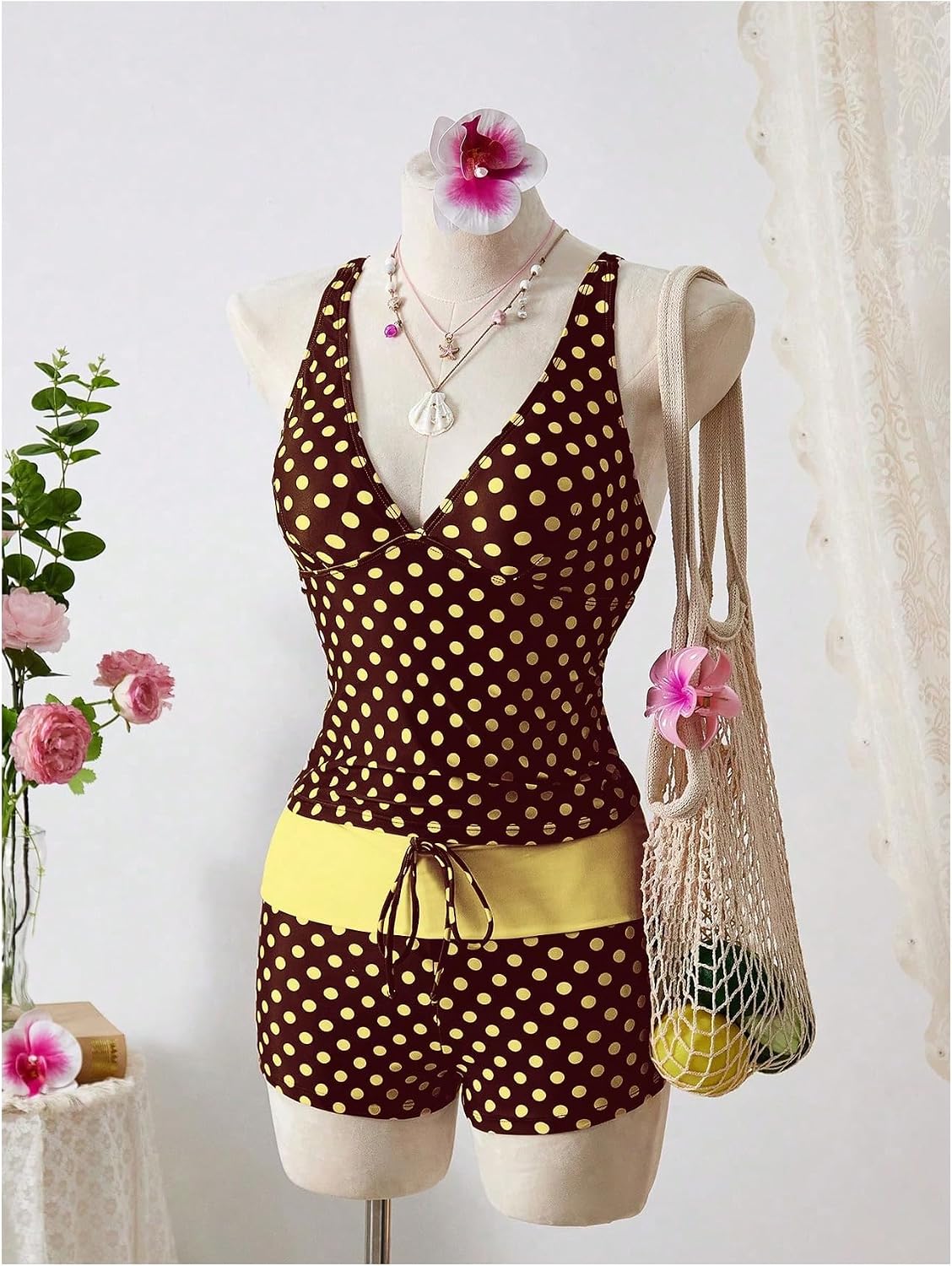 MakeMeChic Women's 2 Piece Tankini Swimsuits Polka Dots Swimsuit Tummy Control Bathing Suit with Shorts