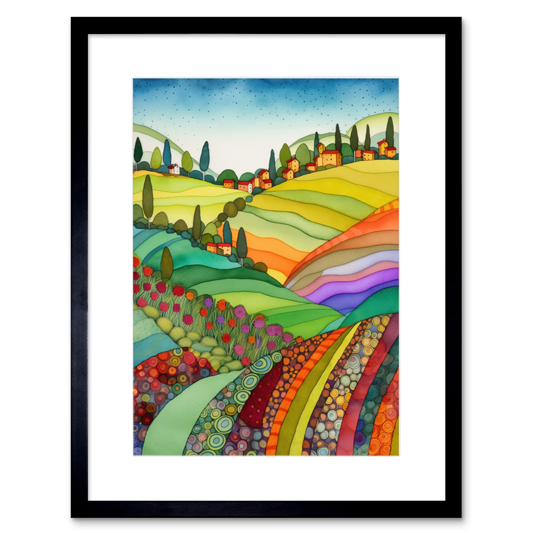 Artery8 Abstract Tuscany Hills Landscape Folk Art Artwork Framed Print Wall Art 9X7 Inch