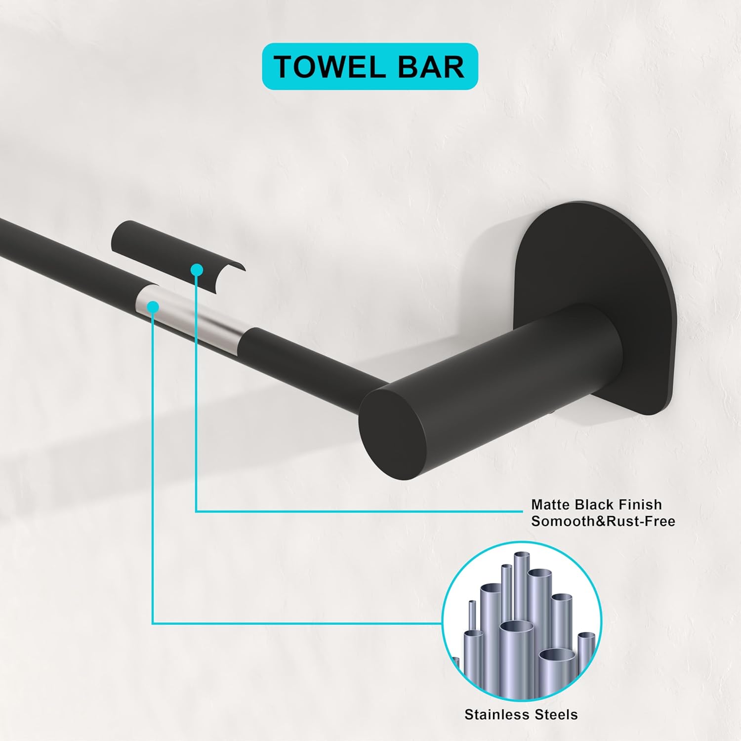 Bathroom Hardware Set 5 Pieces, Black Matte Towel Bar Set Wall Mounted, Includes 15In Hand Towel Bar, Towel Ring, 2PCS Towel Hook, Toilet Paper Holder, Stainless Steel Bathroom Accessories Set