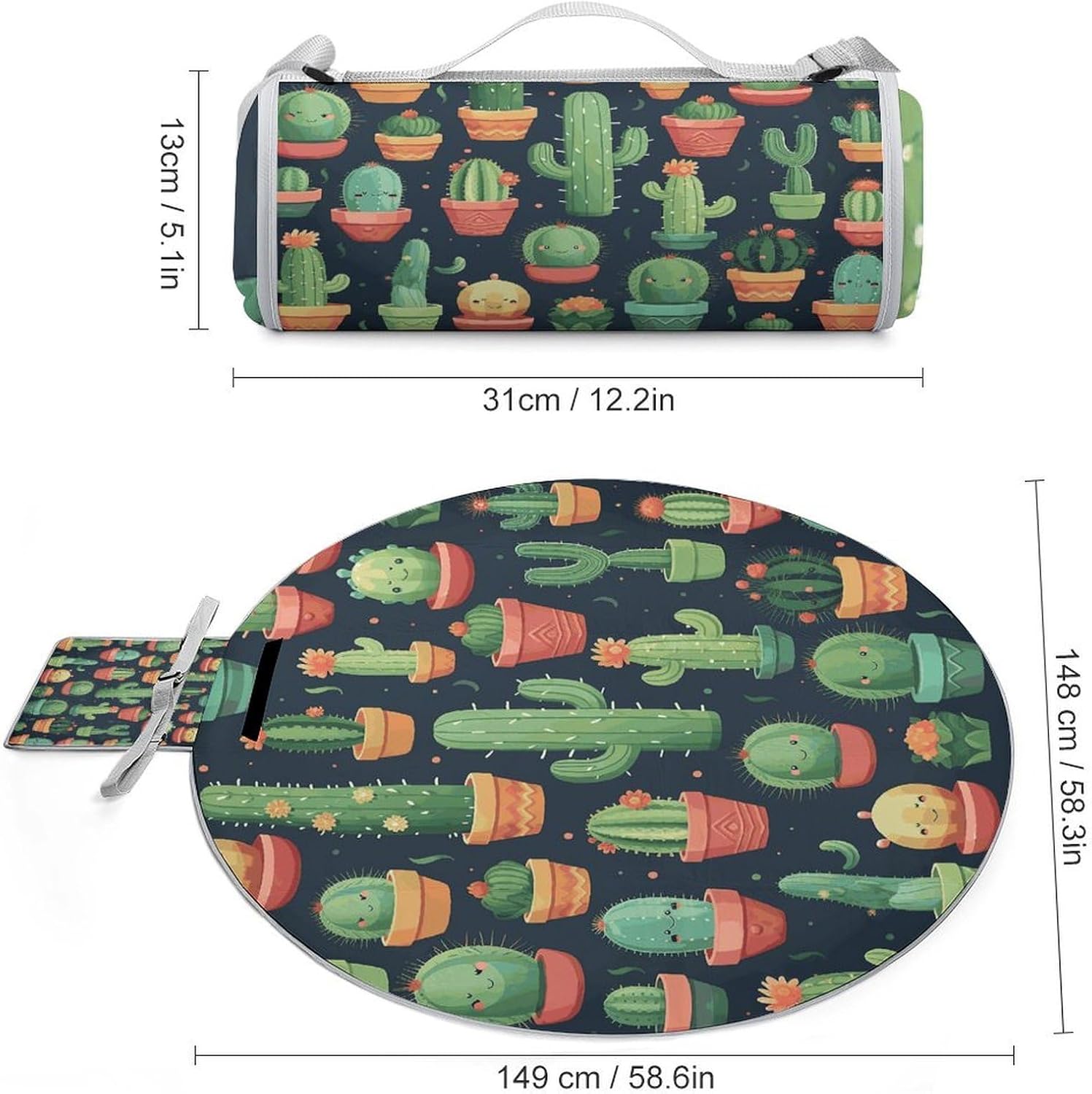 Cute Cactus Seamless Illustration Picnic Mat Lightweight Waterproof Picnic Blankets Extra Large Picnic Outdoor Blankets Foldable Sandproof Beach Blanket for Park Beach Camping Courtyard 58.3''x58.3''
